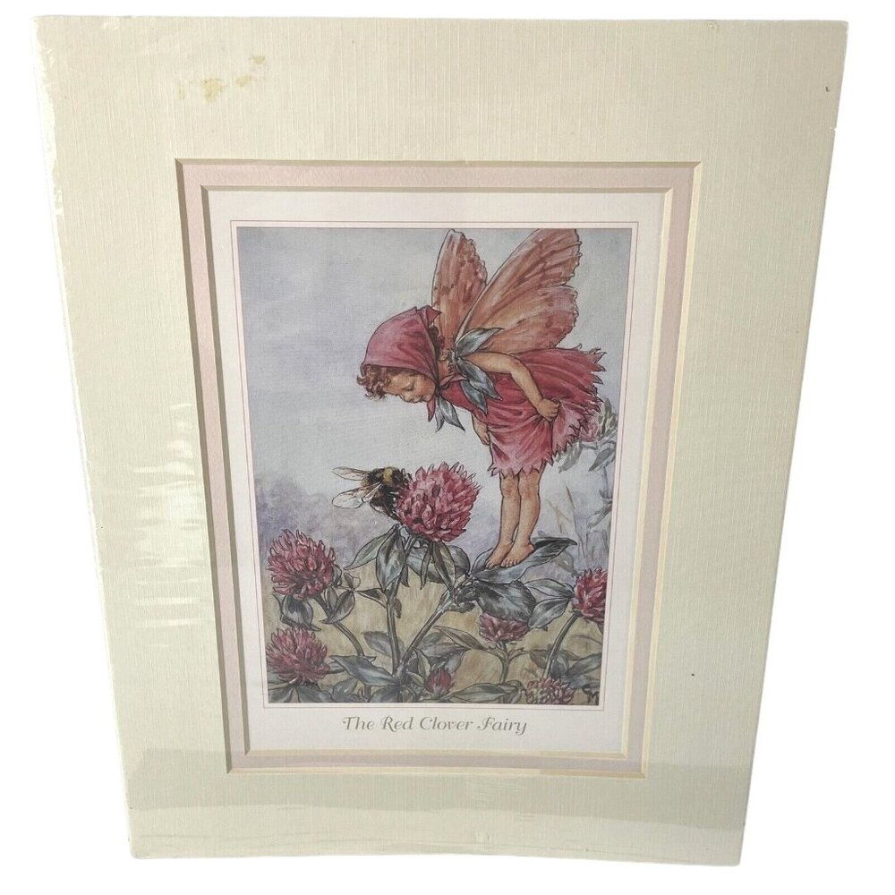 The Red Clover Fairy Art Print Cicely Mary Barker Pastel Floral Whimsical Matted